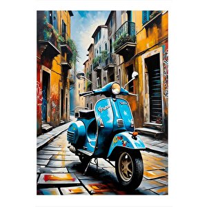 Retro Mavi Ve Scooter Motosiklet Desenli Ahşap Tablo 35cm X50cm 35x50 cm