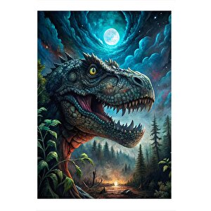 T-rex Dinazor Ve Ay Manzara Tasarım Ahşap Tablo 25cmx 35cm 25x35 cm