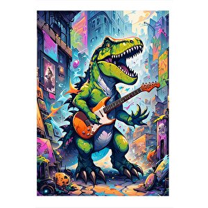 Gitar Çalan Yeşil Dinozor Art Mdf Poster 25cmx 35cm 25x35 cm