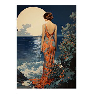 Dolunay Yakamoz Ve Kadın Mdf Poster 25cmx 35cm 25x35 cm