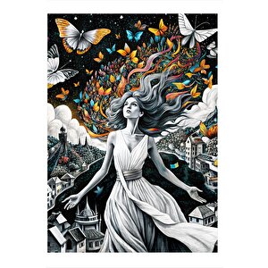 Kelebekler Ve Kadın Dekoratif Ahşap Tablo 25cmx 35cm 25x35 cm