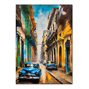 Mavi Klasik Arabalar Ve Renkli Sokak Desenli Mdf Tablo 70cmx 100cm 70x100 cm