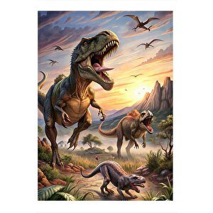 Koşan Dinozorlar Dekoratif Mdf Tablo 25cmx 35cm 25x35 cm