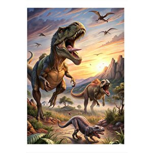 Koşan Dinozorlar Dekoratif Mdf Tablo 35cm X50cm 35x50 cm