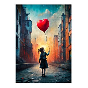 Kalp Şeklinde Uçan Balon Ve Kız Art Mdf Tablo 25cmx 35cm 25x35 cm