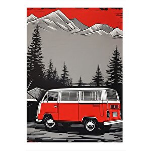 Retro Kırmızı Minibüs Hediyelik Ahşap Tablo 35cm X50cm 35x50 cm