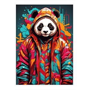 Kapşonlu Giymiş Panda Desenli Ahşap Tablo 35cm X50cm 35x50 cm