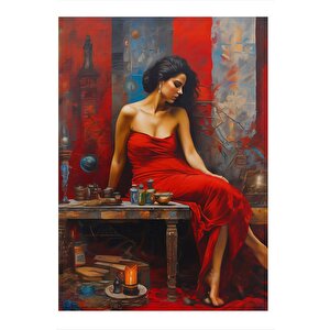 Kırmızı Elbiseli Kadın Art Mdf Tablo 25cmx 35cm 25x35 cm