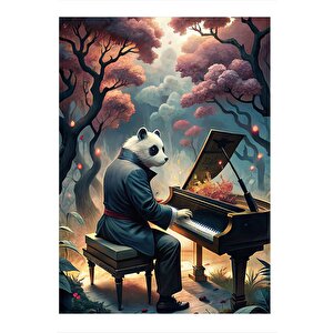 Piyano Çalan Sevimli Panda Dekoratif Ahşap Tablo 35cm X50cm 35x50 cm