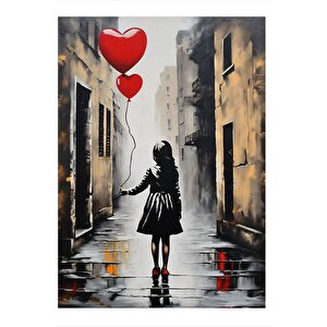 Kalp Şeklinde Uçan Balonlu Kız Modern Mdf Tablo 25cmx 35cm 25x35 cm
