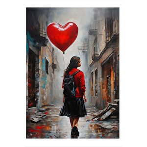Kalp Şeklinde Balonlu Kız Dekoratif Ahşap Tablo 35cm X50cm 35x50 cm