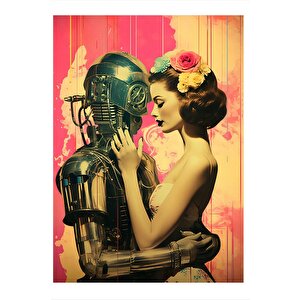 Retro Kadın Ve Robot Art Mdf Tablo 25cmx 35cm 25x35 cm