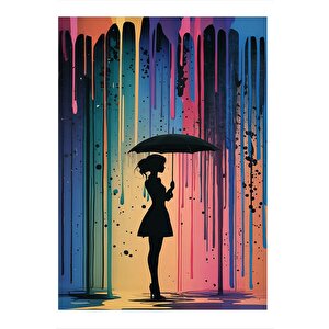 Renkli Yağmur Ve Kadın Art Mdf Poster 25cmx 35cm 25x35 cm