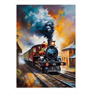 Buharlı Tren Desenli Ahşap Tablo 25cmx 35cm 25x35 cm