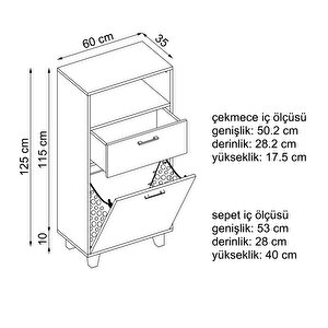 Çamaşır Sepetli Banyo Dolabı, Çok Amaçlı Çekmeceli Dolap 60 Cm Atlantik Çam Antrasit