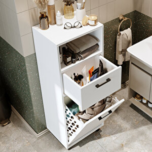 Çamaşır Sepetli Banyo Dolabı, Çok Amaçlı Çekmeceli Dolap 45 Cm Beyaz