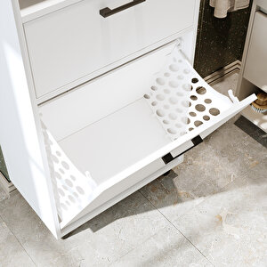 Çamaşır Sepetli Banyo Dolabı, Çok Amaçlı Çekmeceli Dolap 60 Cm Beyaz