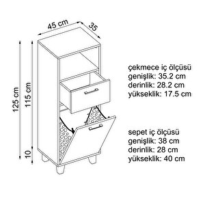Çamaşır Sepetli Banyo Dolabı, Çok Amaçlı Çekmeceli Dolap 45 Cm Atlantik Çam - Beyaz