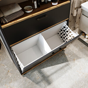 Çamaşır Sepetli Banyo Dolabı, Çok Amaçlı Çekmeceli Dolap 90 Cm Atlantik Çam Antrasit