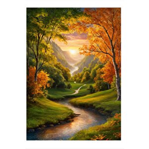 Gün Batımında Yeşil Vadi Ve Dere Tasarım Mdf Tablo 25cmx 35cm 25x35 cm