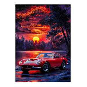 Gün Batımında Kırmızı Cabrio Spor Araba Dekoratif Ahşap Tablo 25cmx 35cm 25x35 cm