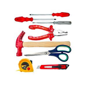 8 Pcs Her Evde Olması Gereken El Aleti Kiti Pense,kontrolkalemi Yıldız Düz, Metre,makas,çekiç