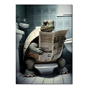 Tuvalette Gazete Okuyan Kaplumbağa Tasarım Ahşap Tablo 70cmx 100cm 70x100 cm