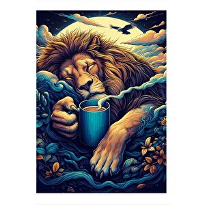 Uykucu Aslan Kahve İçiyor Desenli Ahşap Tablo 25cmx 35cm 25x35 cm