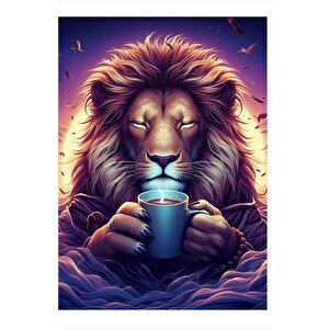 Kahve İçen Aslan  Tasarım Ahşap Tablo 35cm X50cm 35x50 cm
