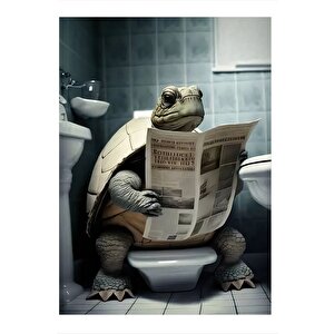 Tuvalette Gazete Okuyan Kaplumbağa Model Ahşap Tablo 25cmx 35cm 25x35 cm