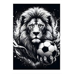 Siyah Beyaz Aslan Ve Futbol Modern Ahşap Tablo 35cm X50cm 35x50 cm