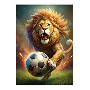 Futbol Oynayan Aslan Model Ahşap Tablo 35cm X50cm 35x50 cm