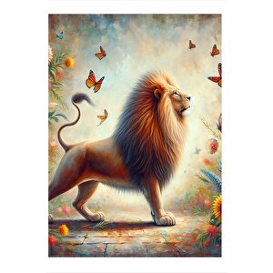 Aslan Ve Kelebekler Desenli Ahşap Tablo 35cm X50cm 35x50 cm