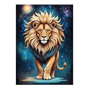 Mavi Fon Aslan Modern Ahşap Tablo 25cmx 35cm 25x35 cm