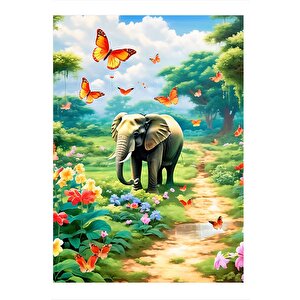 Ormandaki Fil Ve Kelebek Model Ahşap Tablo 25cmx 35cm 25x35 cm