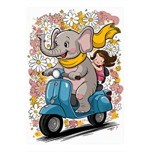 Fil Ve Kız Çocuğu Yollarda  Mdf Poster 25cmx 35cm 25x35 cm