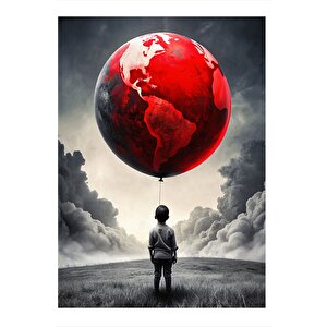 Dünya Şeklinde Uçan Balon Ve Çocuk Modern Ahşap Tablo 35cm X50cm 35x50 cm