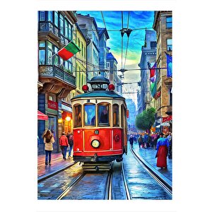 Kırmızı Tramvay Ve Şehir Merkezi Desenli Mdf Tablo 35cm X50cm 35x50 cm