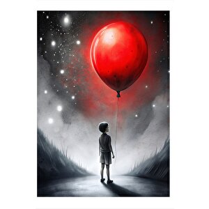 Kırmızı Uçan Balon Ve Çocuk Mdf Poster 35cm X50cm 35x50 cm