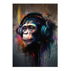 Kulaklıkla Müzik Dinleyen Maymun Hediyelik Ahşap Tablo 35cm X50cm 35x50 cm