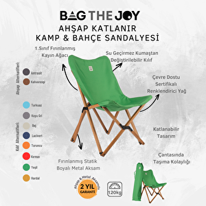 Ahşap Katlanır Kamp Ve Bahçe Sandalyesi - Kahverengi Iskelet - Yeşil Kılıf