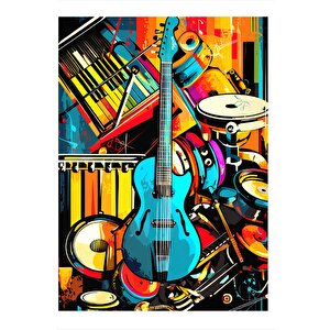 Renkli Müzik Aletleri Ve Keman Modern Ahşap Tablo 25cmx 35cm 25x35 cm