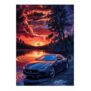 Spor Araba Göl Ve Gün Batımı Desenli Mdf Tablo 25cmx 35cm 25x35 cm
