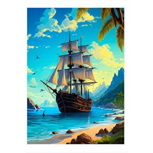 Sahildeki Yelkenli Gemi Tasarım Ahşap Tablo 25cmx 35cm 25x35 cm