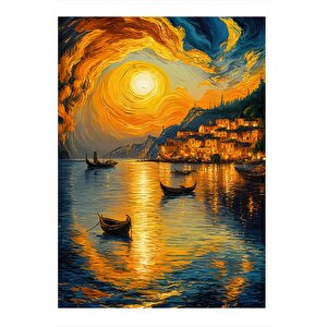 Gün Batımı Sahil Kasabası Ve Kayıklar Model Mdf Tablo 25cmx 35cm 25x35 cm