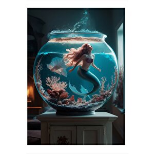 Akvaryumdaki Deniz Kızı Tasarım Ahşap Tablo 35cm X50cm 35x50 cm