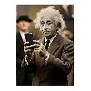 Albert Einstein Ve Telefon Hediyelik Ahşap Tablo 25cmx 35cm 25x35 cm