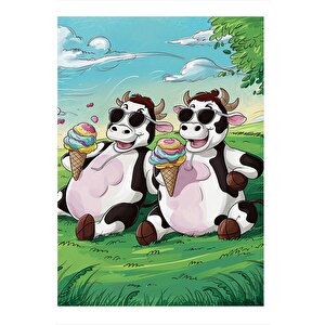 Kırlarda Dondurma Yiyen İnekler Art Mdf Poster 25cmx 35cm 25x35 cm