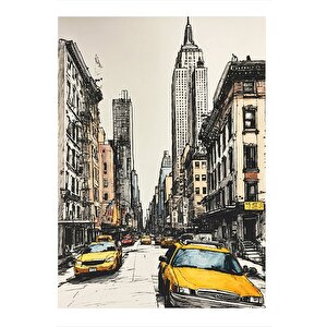 Newyork Ve Sarı Taksiler Desenli Ahşap Tablo 35cm X50cm 35x50 cm