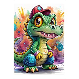 Şapkalı Yavru T-rex Modern Ahşap Tablo 25cmx 35cm 25x35 cm